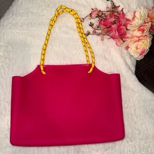 NWOT Sol de Janeiro Vibrant Pink Tote with Yellow Rope Handles